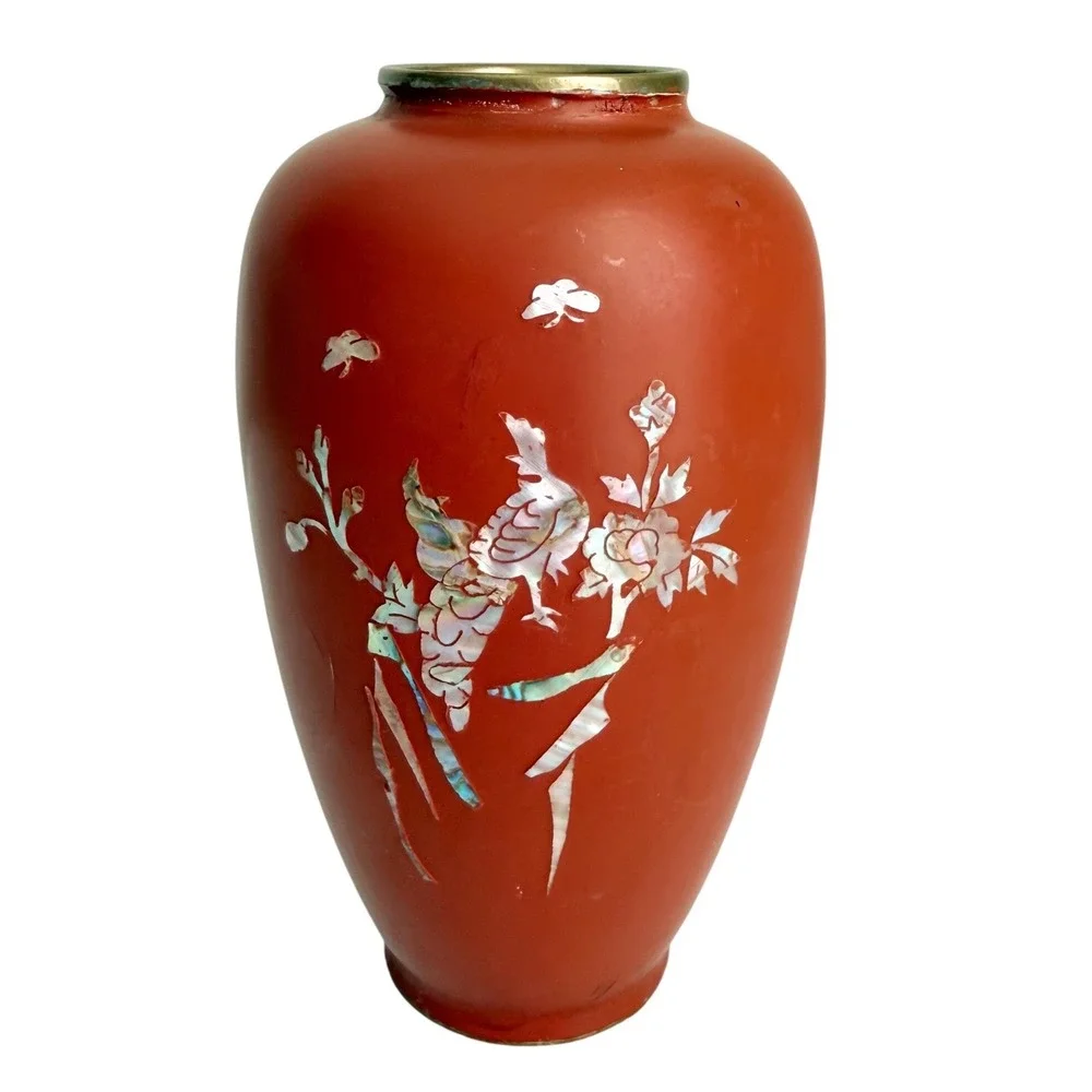 Cinnabar Vase Home Decor Small Red Mother of Pearl Inlay Birds *See Photos